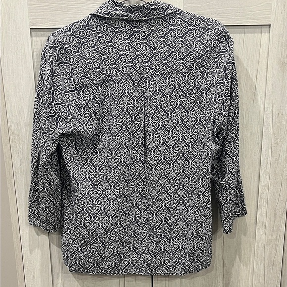 Anne Carson Linen Blend Navy and White Patterned Blouse - Picture 5 of 6